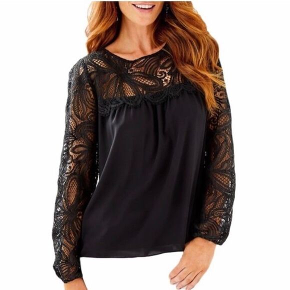 Lilly Pulitzer Keegan Blouse XL Black Onyx Lace Yoke Sleeve Top Boho Classic - Picture 5 of 10